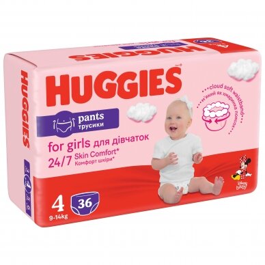 HUGGIES PANTS sauskelnės Girls 4(9-14kg) Jumbo, 36vnt.